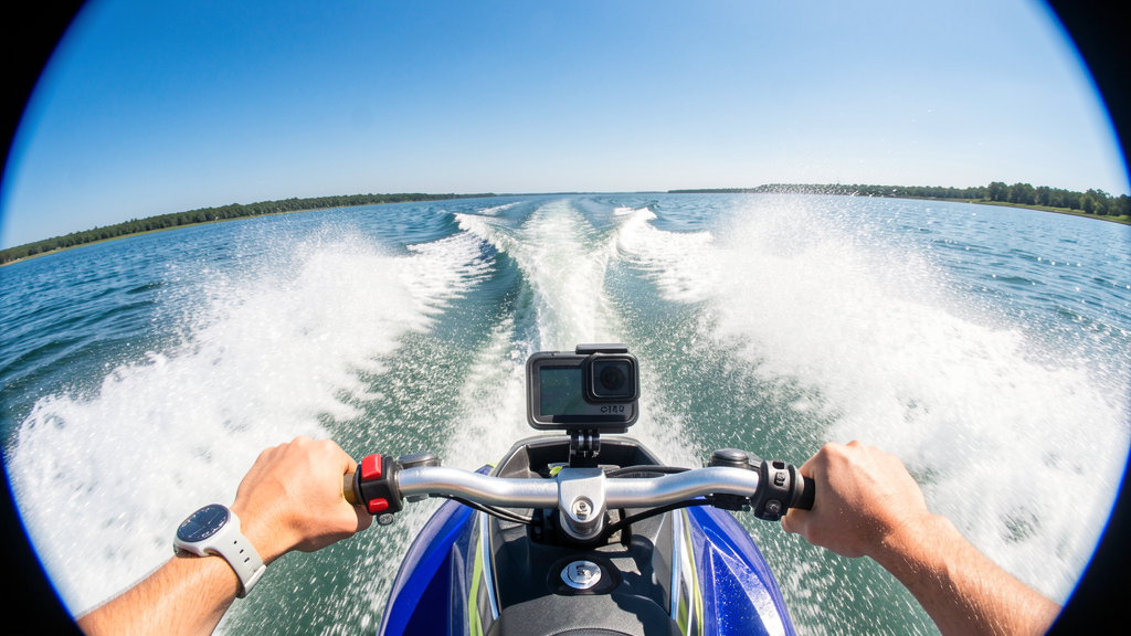 GoPro first-person view speeding across the water on a FB Rentals jetski