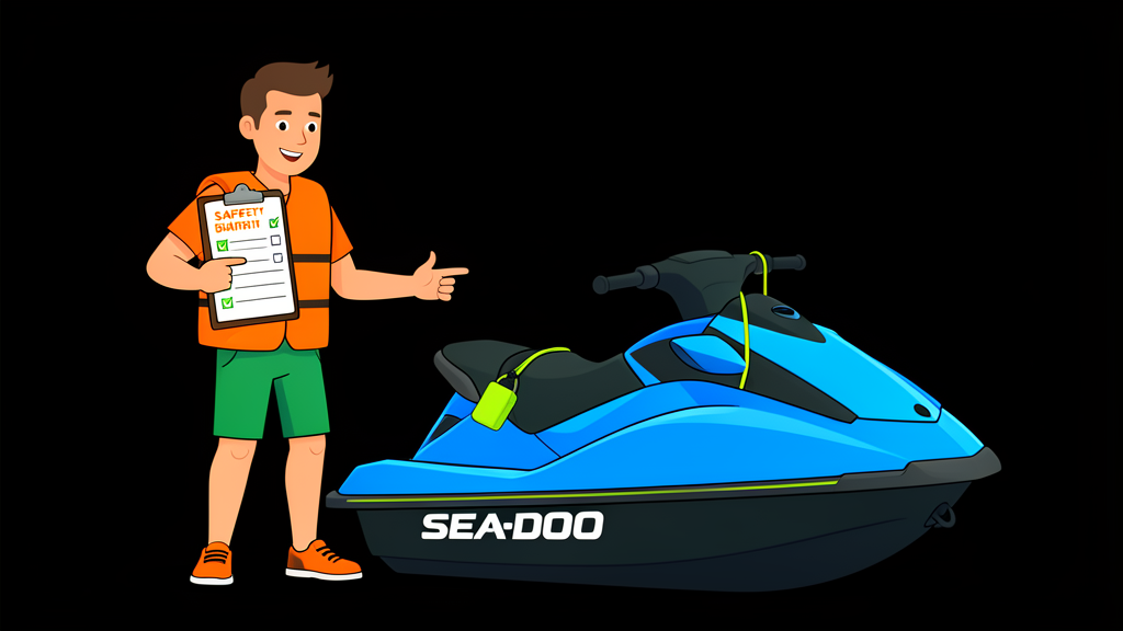 Cartoon illustration of a jetski safety briefing with an instructor and Sea-Doo
